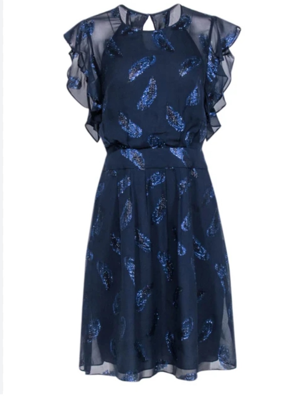 BCBGMaxazria 10 Navy Blue Glitter Paisley Midi Dress Flutter Sheer Sleeve